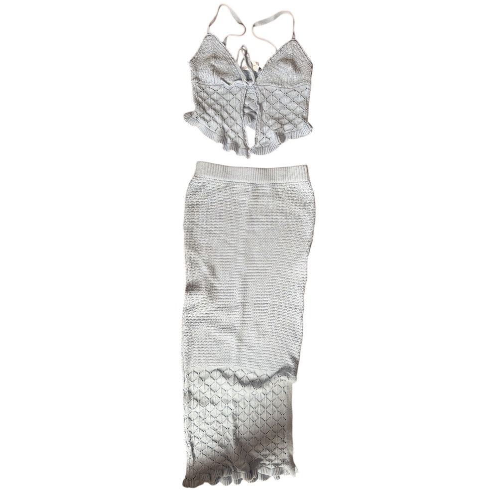 Olive+ Oak Light Blue Pointelle Knit 2 Piece Set Tie Front Crop Top Midi Skirt